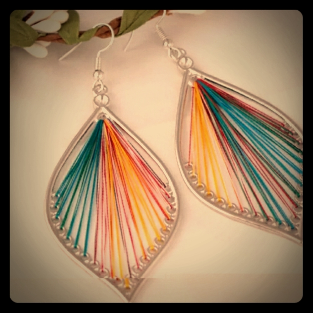 BOHO earrings colorful thread teardrop dangle New - Picture 1 of 6